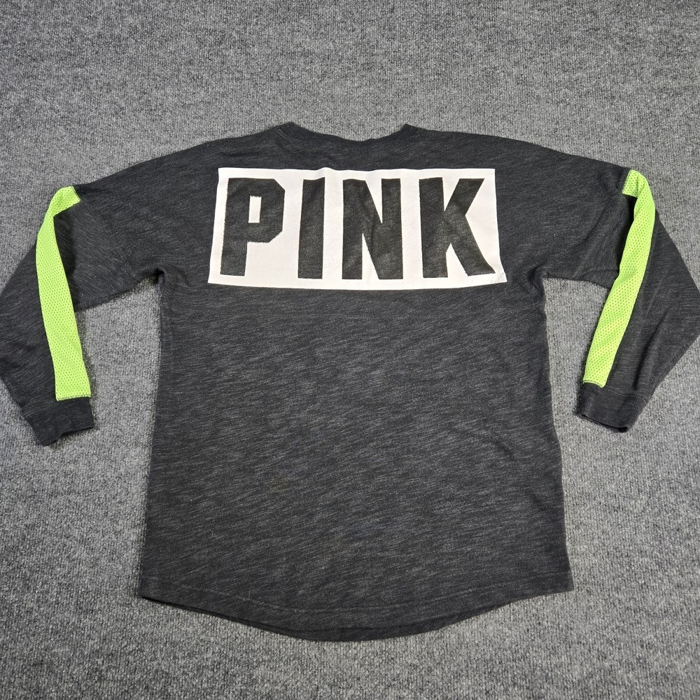 PINK Sweatshirt Women Small Campus Varsity Pullover Gray Neon Mesh Logo Graphic - Picture 4 of 11